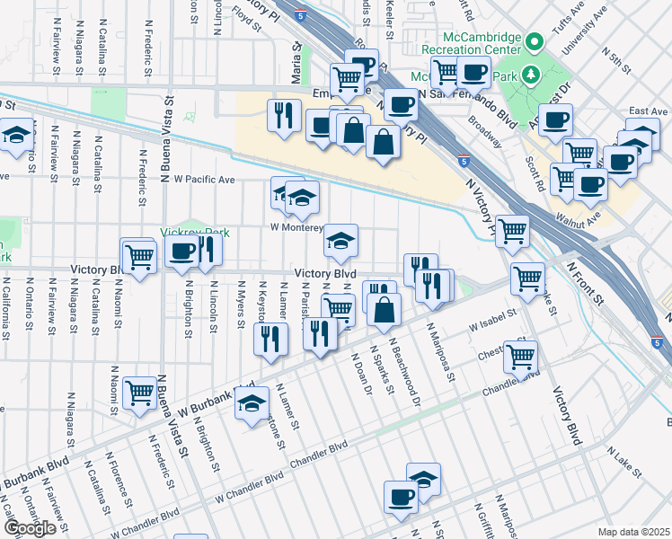 map of restaurants, bars, coffee shops, grocery stores, and more near 1715 West Victory Boulevard in Burbank