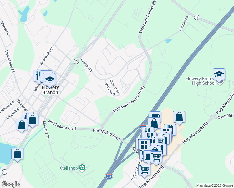 map of restaurants, bars, coffee shops, grocery stores, and more near 4754 Chariot Drive in Flowery Branch