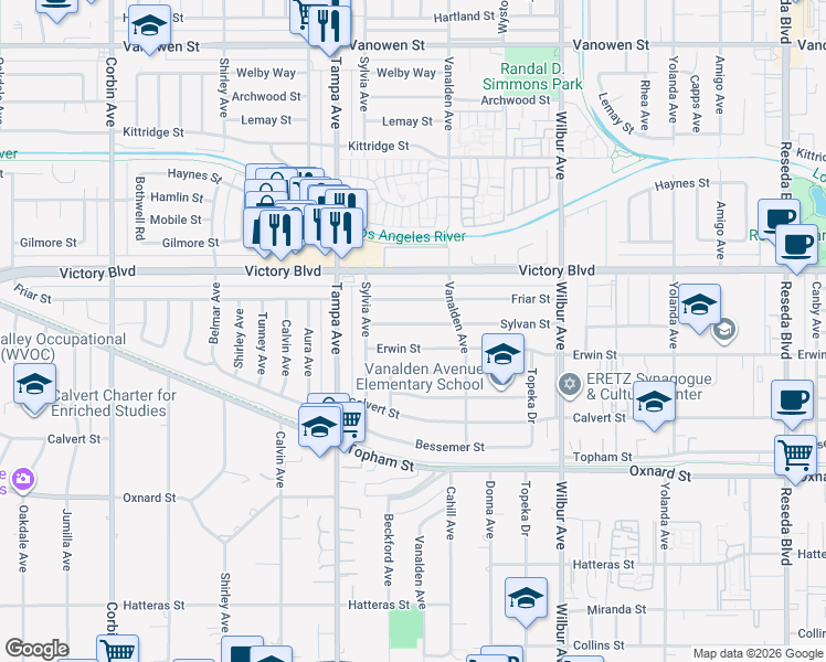 map of restaurants, bars, coffee shops, grocery stores, and more near 19161 Sylvan Street in Los Angeles