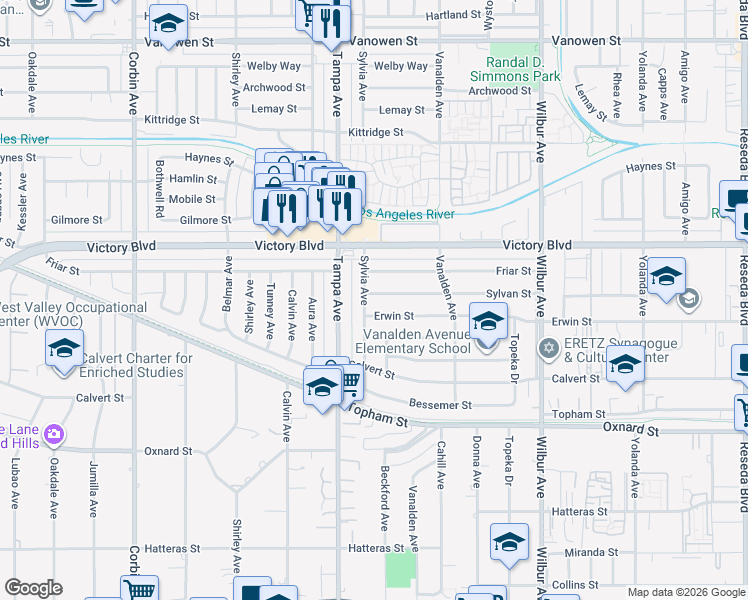 map of restaurants, bars, coffee shops, grocery stores, and more near 19224 Sylvan Street in Los Angeles