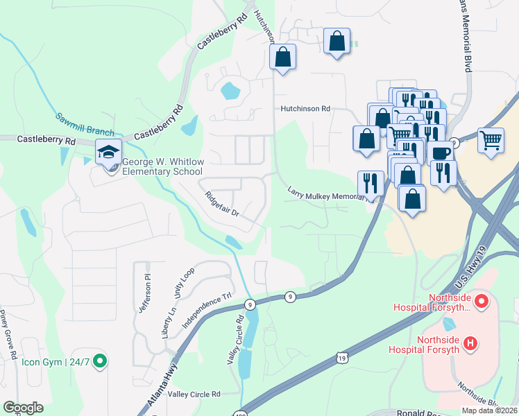 map of restaurants, bars, coffee shops, grocery stores, and more near 3815 Ridgefair Drive in Cumming