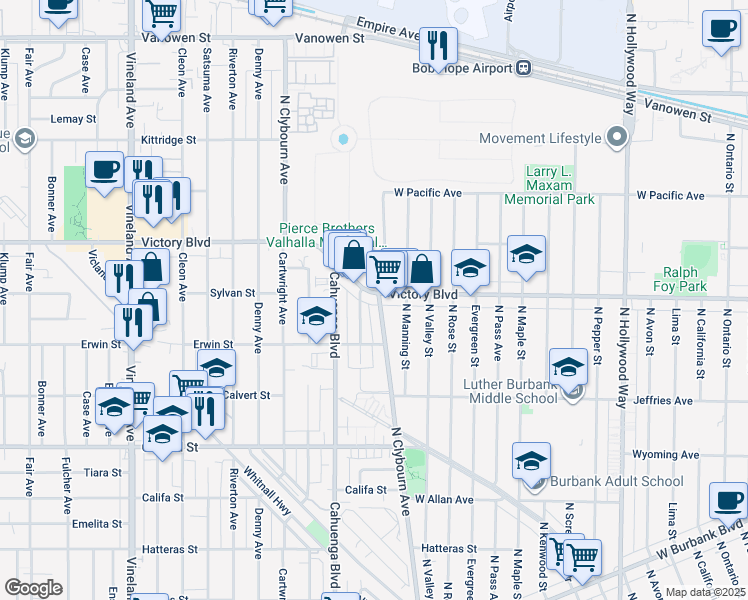 map of restaurants, bars, coffee shops, grocery stores, and more near 1053 Auckland Avenue in Los Angeles