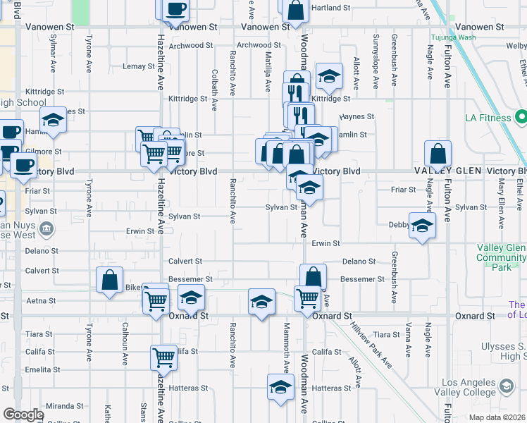 map of restaurants, bars, coffee shops, grocery stores, and more near 6255 Matilija Avenue in Los Angeles