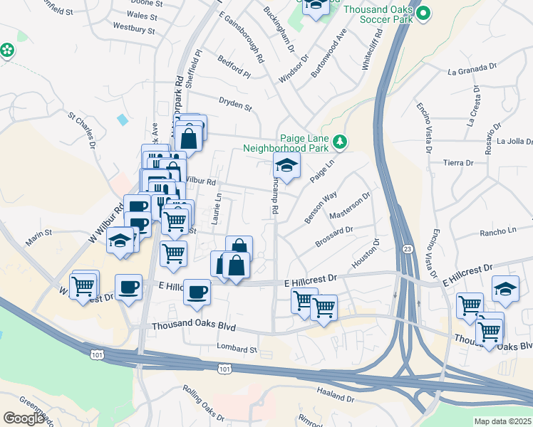 map of restaurants, bars, coffee shops, grocery stores, and more near 450 East Wilbur Road in Thousand Oaks