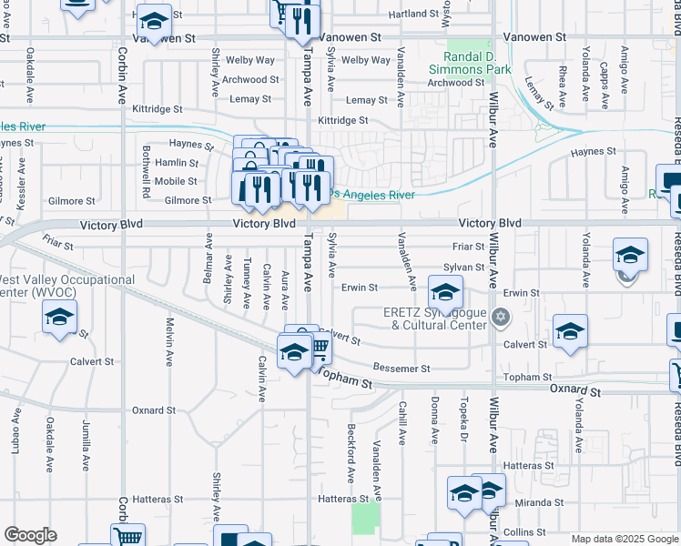 map of restaurants, bars, coffee shops, grocery stores, and more near 19224 Sylvan Street in Los Angeles