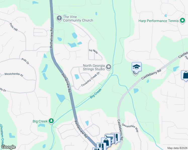map of restaurants, bars, coffee shops, grocery stores, and more near 5225 Coventry Creek Drive in Cumming