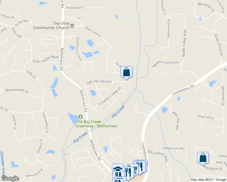 map of restaurants, bars, coffee shops, grocery stores, and more near 5225 Coventry Creek Drive in Cumming