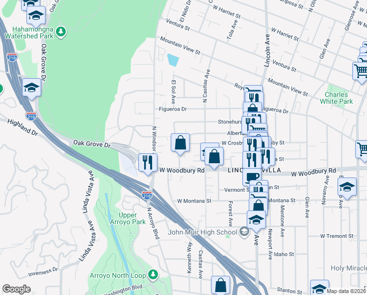 map of restaurants, bars, coffee shops, grocery stores, and more near 710 Alberta Street in Altadena