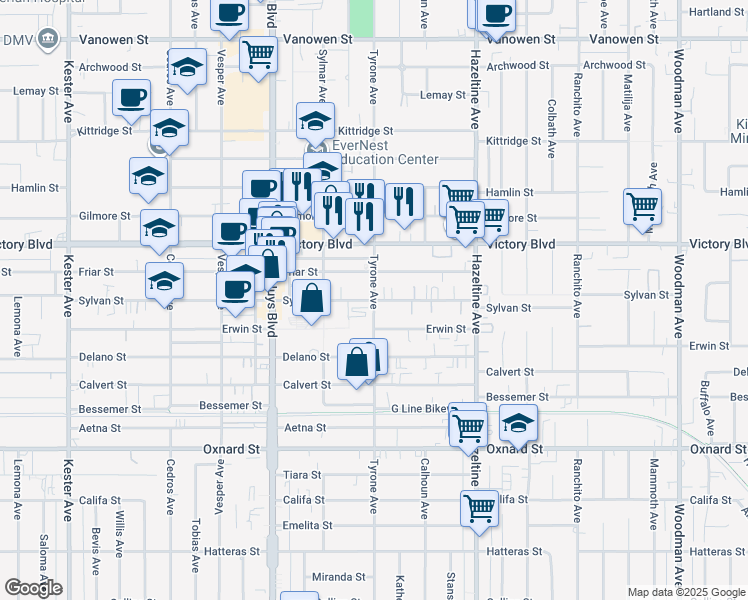 map of restaurants, bars, coffee shops, grocery stores, and more near 14301 Sylvan Street in Los Angeles