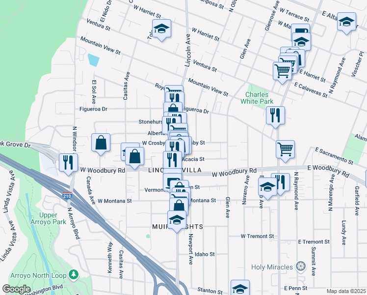 map of restaurants, bars, coffee shops, grocery stores, and more near 2268 Lincoln Avenue in Altadena