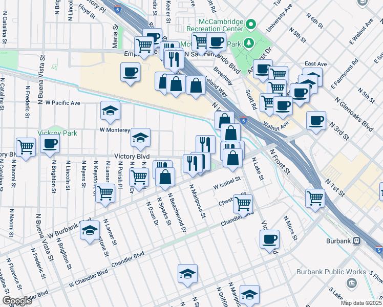map of restaurants, bars, coffee shops, grocery stores, and more near 1205 West Victory Boulevard in Burbank