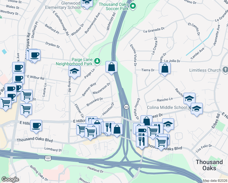 map of restaurants, bars, coffee shops, grocery stores, and more near 458 Houston Drive in Thousand Oaks
