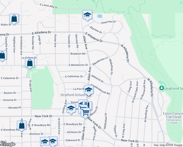 map of restaurants, bars, coffee shops, grocery stores, and more near 1915 Midwick Drive in Altadena