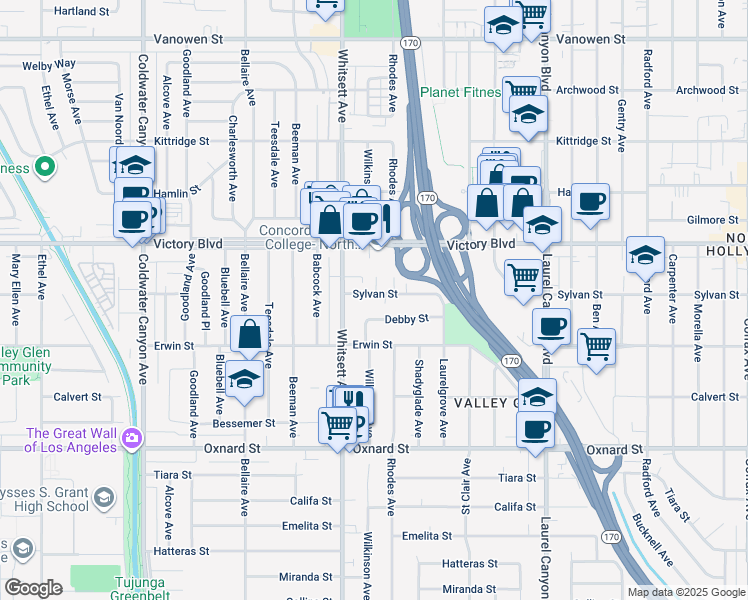 map of restaurants, bars, coffee shops, grocery stores, and more near 12422 Sylvan Street in Los Angeles