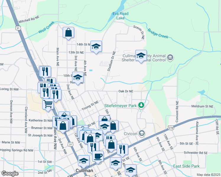 map of restaurants, bars, coffee shops, grocery stores, and more near 615 Oak Drive Northeast in Cullman