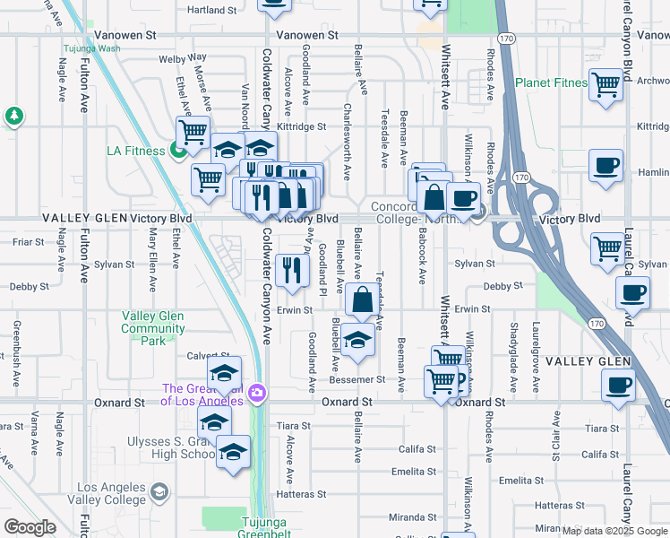 map of restaurants, bars, coffee shops, grocery stores, and more near 6300 Bluebell Avenue in Los Angeles