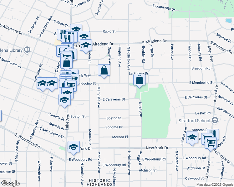 map of restaurants, bars, coffee shops, grocery stores, and more near 1253 East Calaveras Street in Altadena