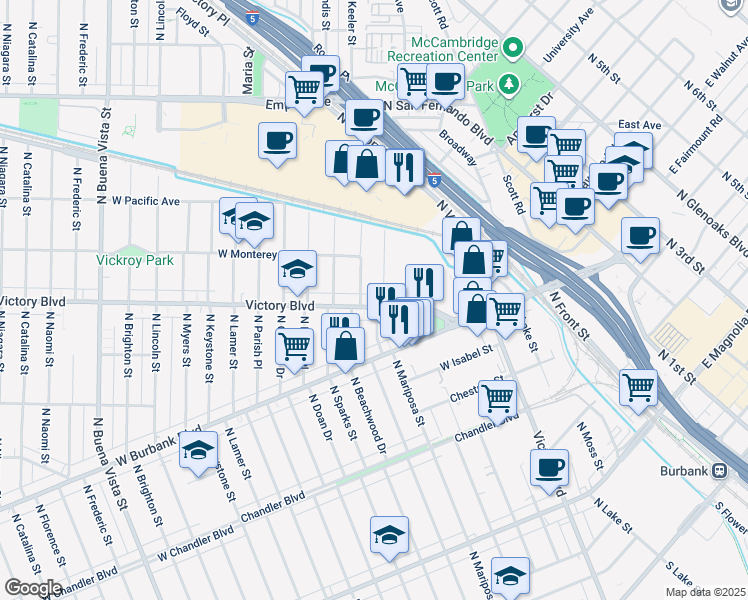 map of restaurants, bars, coffee shops, grocery stores, and more near 1210 North Griffith Park Drive in Burbank