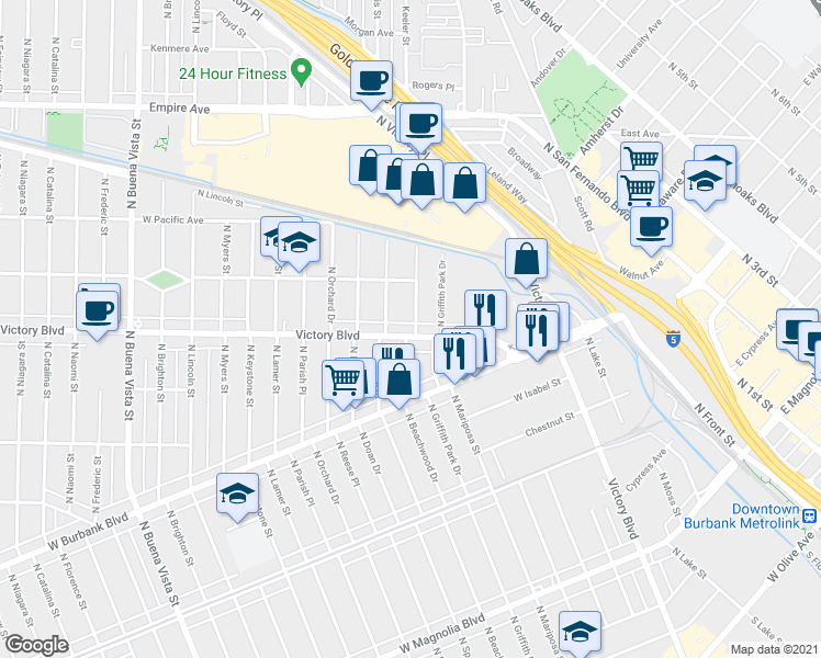 map of restaurants, bars, coffee shops, grocery stores, and more near 1211 North Beachwood Drive in Burbank