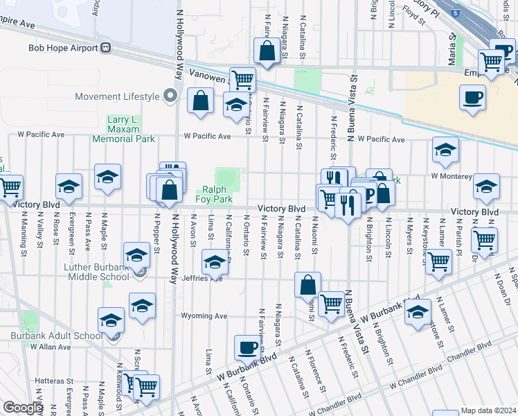 map of restaurants, bars, coffee shops, grocery stores, and more near 3007 West Victory Boulevard in Burbank