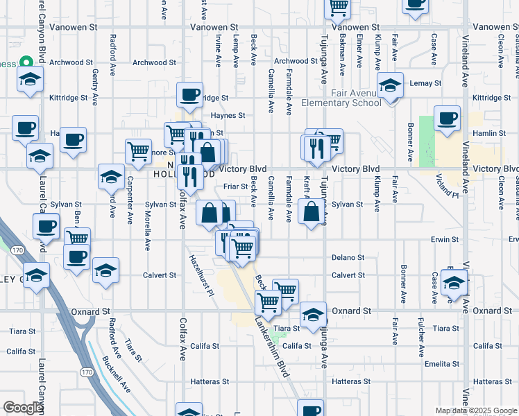 map of restaurants, bars, coffee shops, grocery stores, and more near 6302 Beck Avenue in Los Angeles