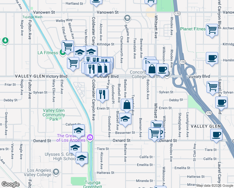 map of restaurants, bars, coffee shops, grocery stores, and more near 6300 Bluebell Avenue in Los Angeles