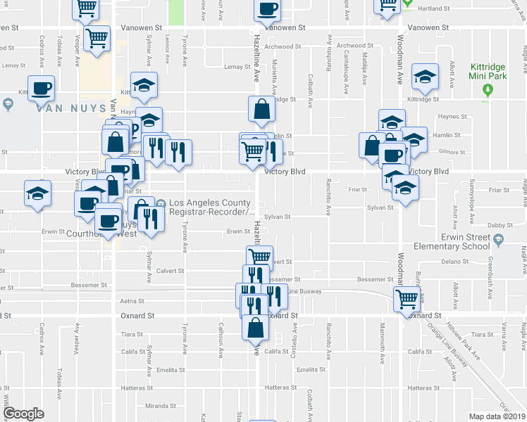 map of restaurants, bars, coffee shops, grocery stores, and more near 6311 Hazeltine Avenue in Los Angeles
