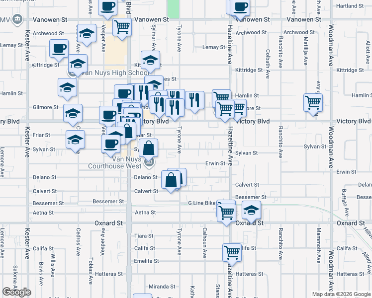map of restaurants, bars, coffee shops, grocery stores, and more near 14303 Sylvan Street in Los Angeles