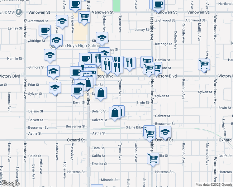 map of restaurants, bars, coffee shops, grocery stores, and more near 14303 Sylvan Street in Los Angeles