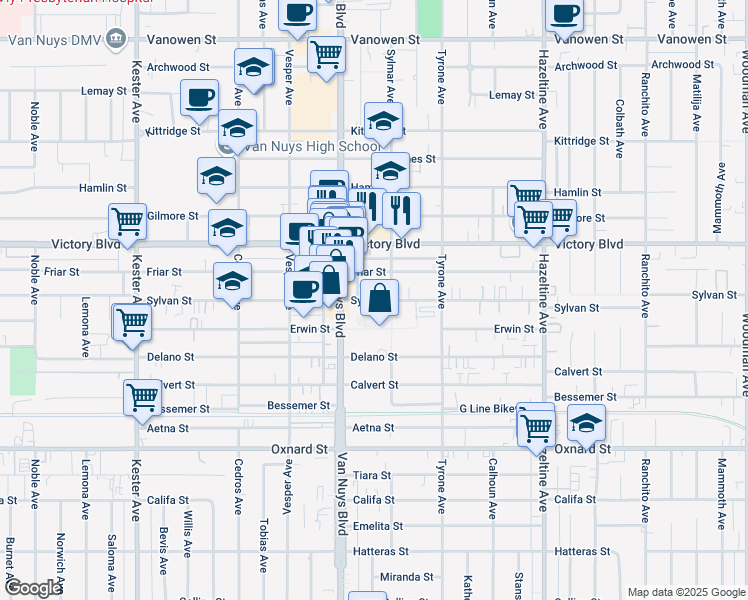map of restaurants, bars, coffee shops, grocery stores, and more near 14431 Sylvan Street in Los Angeles