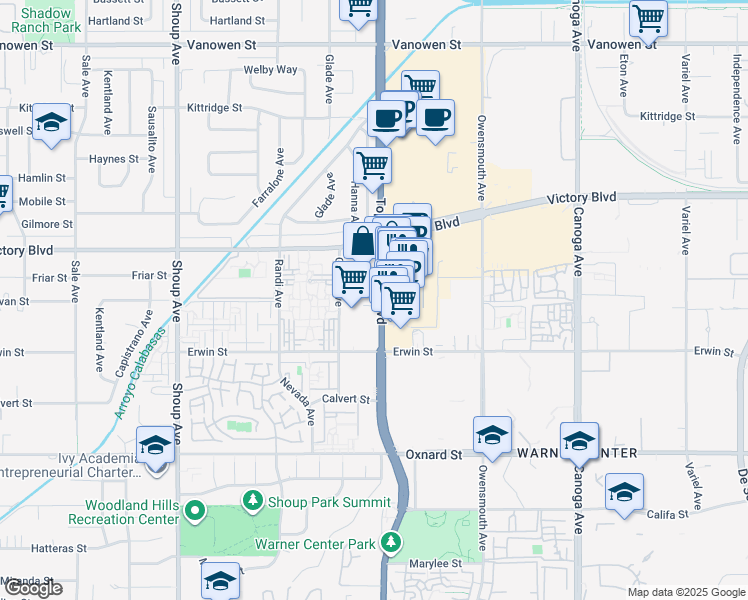 map of restaurants, bars, coffee shops, grocery stores, and more near 6263 California 27 in Los Angeles