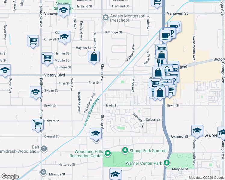 map of restaurants, bars, coffee shops, grocery stores, and more near 22240 Victory Boulevard in Los Angeles