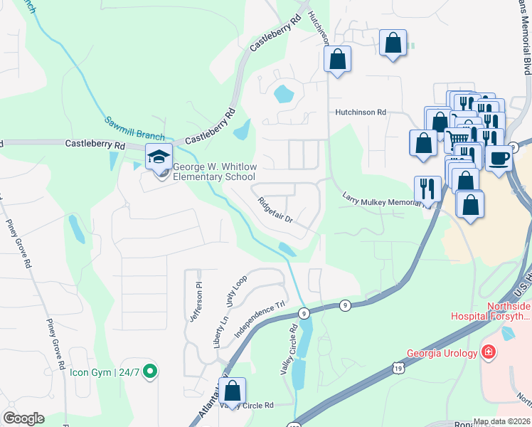 map of restaurants, bars, coffee shops, grocery stores, and more near 4360 Ridgefair Drive in Cumming
