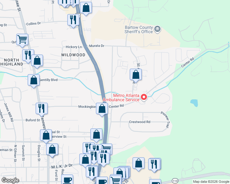 map of restaurants, bars, coffee shops, grocery stores, and more near 855 Rowland Springs Road in Cartersville
