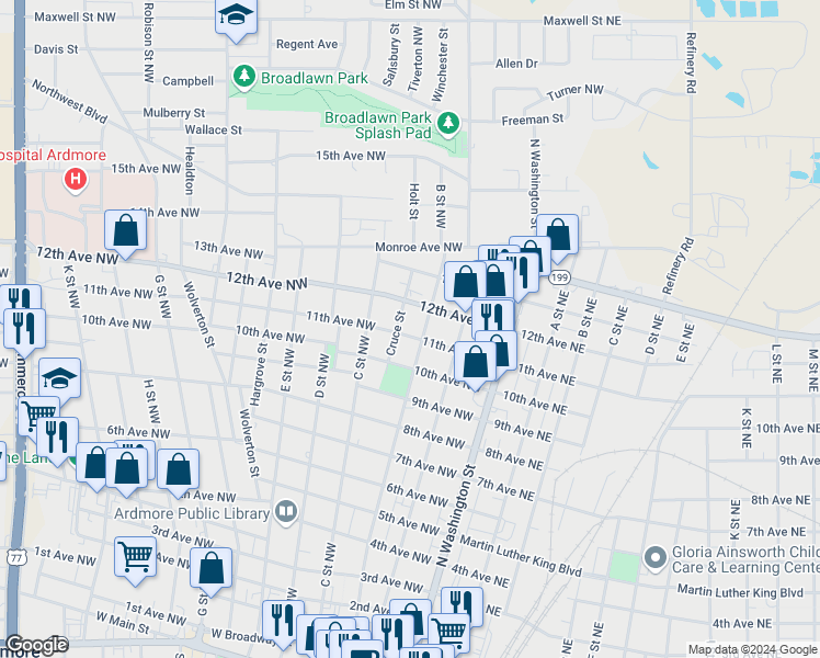 map of restaurants, bars, coffee shops, grocery stores, and more near 1122 Cruce Street in Ardmore