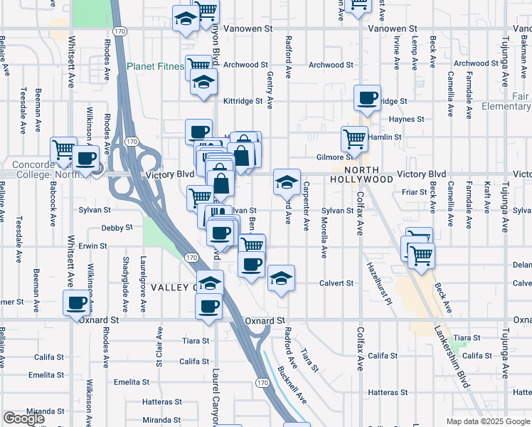 map of restaurants, bars, coffee shops, grocery stores, and more near 6261 Gentry Avenue in Los Angeles