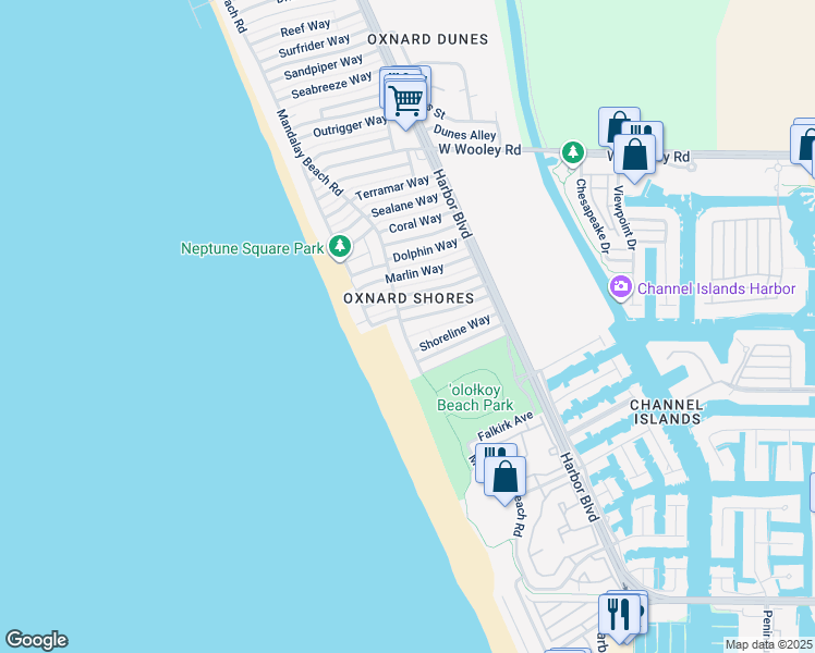 map of restaurants, bars, coffee shops, grocery stores, and more near 1460 Mandalay Beach Road in Oxnard