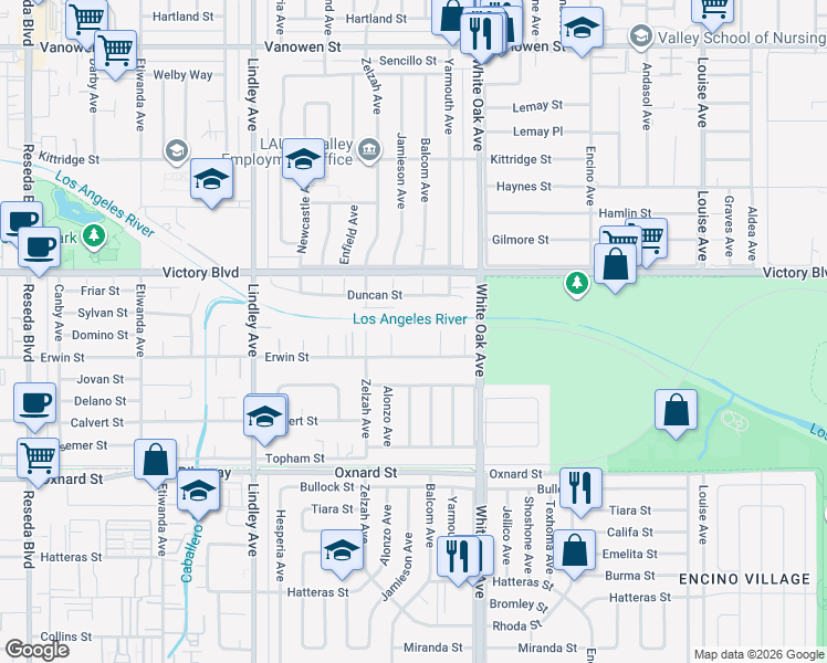 map of restaurants, bars, coffee shops, grocery stores, and more near 17805 Erwin Street in Los Angeles