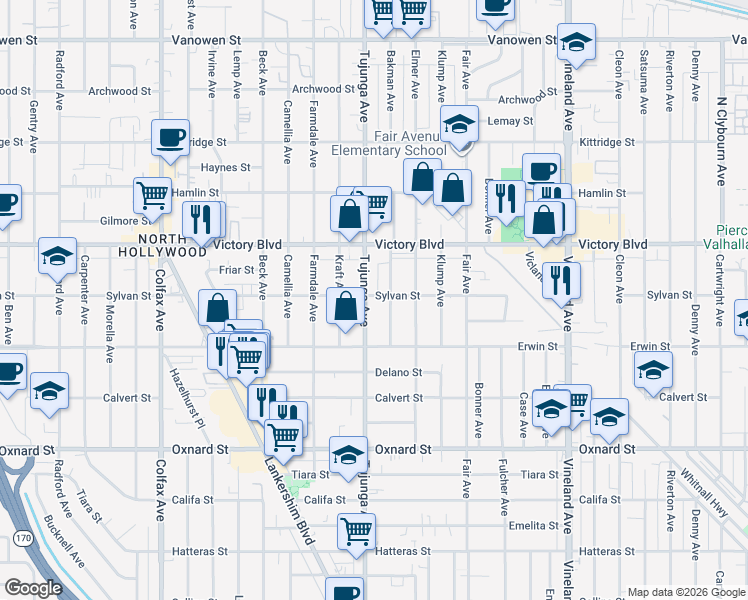 map of restaurants, bars, coffee shops, grocery stores, and more near 11351 Sylvan Street in Los Angeles