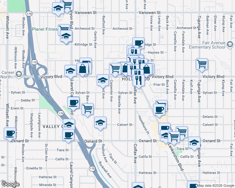 map of restaurants, bars, coffee shops, grocery stores, and more near 6300 Carpenter Avenue in Los Angeles