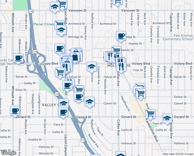 map of restaurants, bars, coffee shops, grocery stores, and more near 6304 Radford Avenue in Los Angeles