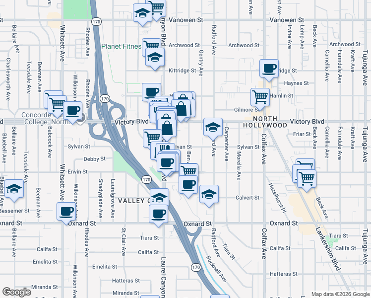 map of restaurants, bars, coffee shops, grocery stores, and more near 6300 Agnes Avenue in Los Angeles
