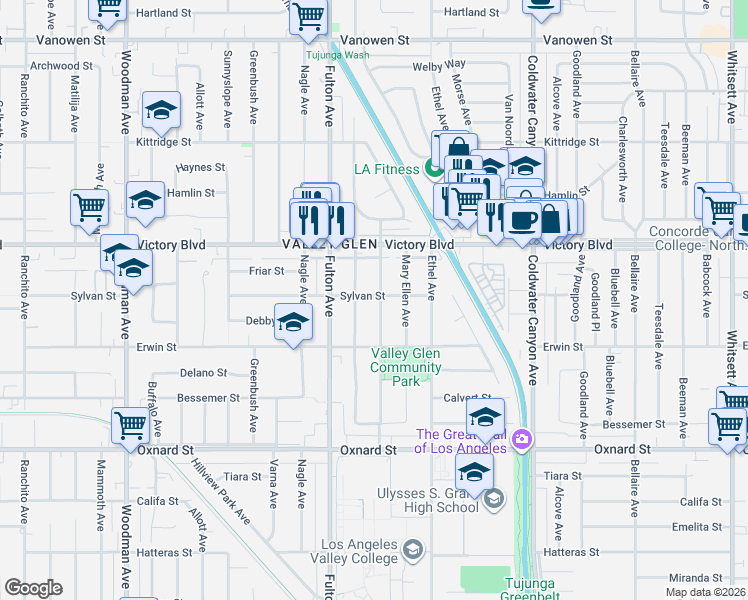 map of restaurants, bars, coffee shops, grocery stores, and more near 6303 Atoll Avenue in Los Angeles
