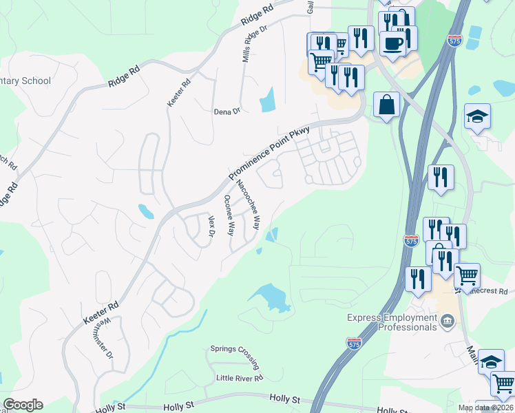 map of restaurants, bars, coffee shops, grocery stores, and more near 131 Nacoochee Way in Canton