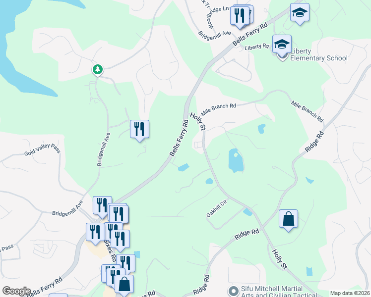 map of restaurants, bars, coffee shops, grocery stores, and more near 9670 Bells Ferry Road in Canton