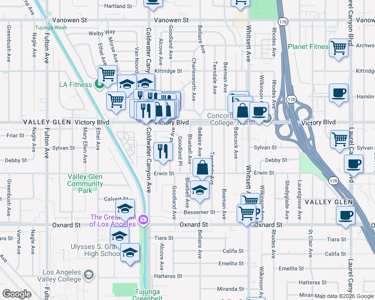 map of restaurants, bars, coffee shops, grocery stores, and more near 6257 Bluebell Avenue in Los Angeles