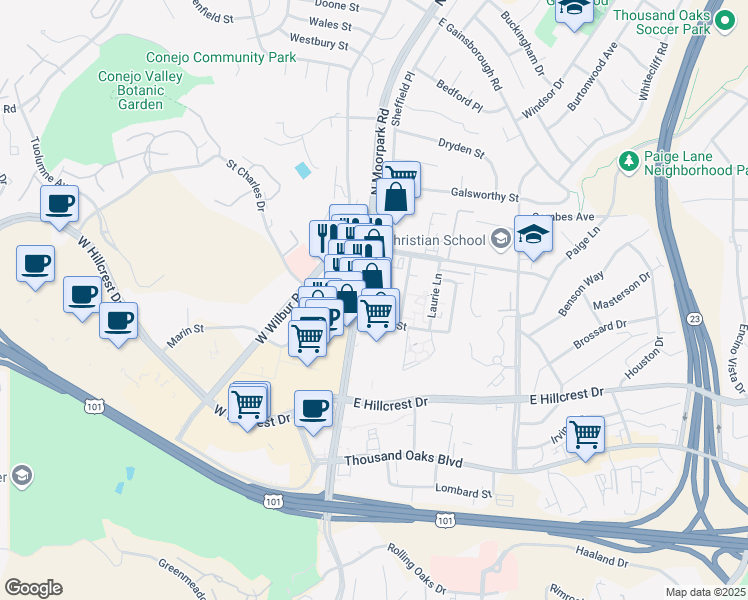 map of restaurants, bars, coffee shops, grocery stores, and more near 484 North Moorpark Road in Thousand Oaks
