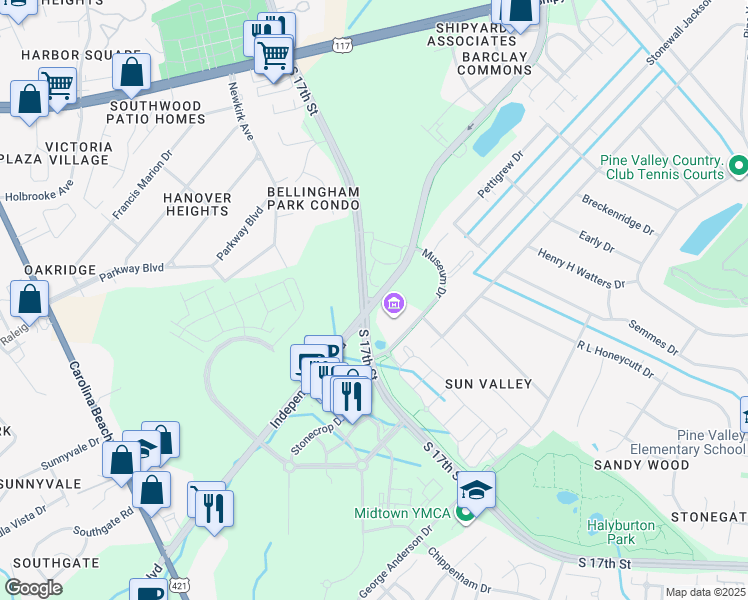 map of restaurants, bars, coffee shops, grocery stores, and more near Independence Boulevard in Wilmington
