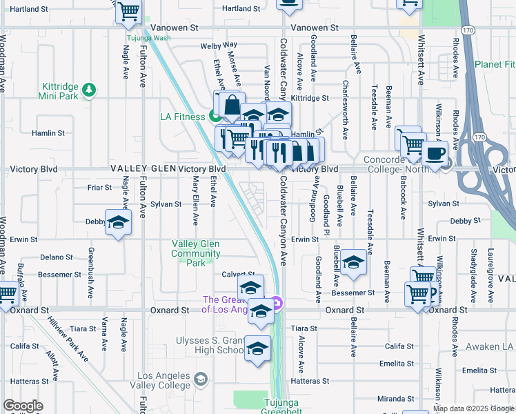 map of restaurants, bars, coffee shops, grocery stores, and more near 6221 Morse Avenue in Los Angeles