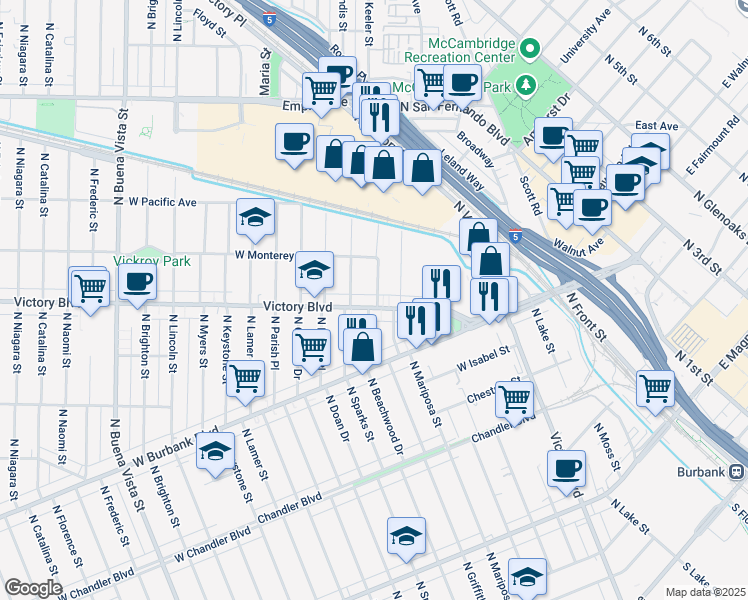 map of restaurants, bars, coffee shops, grocery stores, and more near 1501 West Victory Boulevard in Burbank